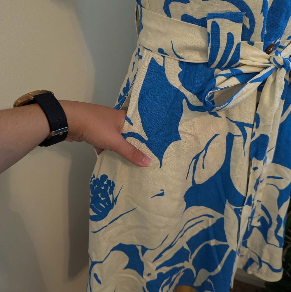 OneTheLand Tropical Floral Print Linen Button Up Mini Dress Blue White Medium - Picture 7 of 12